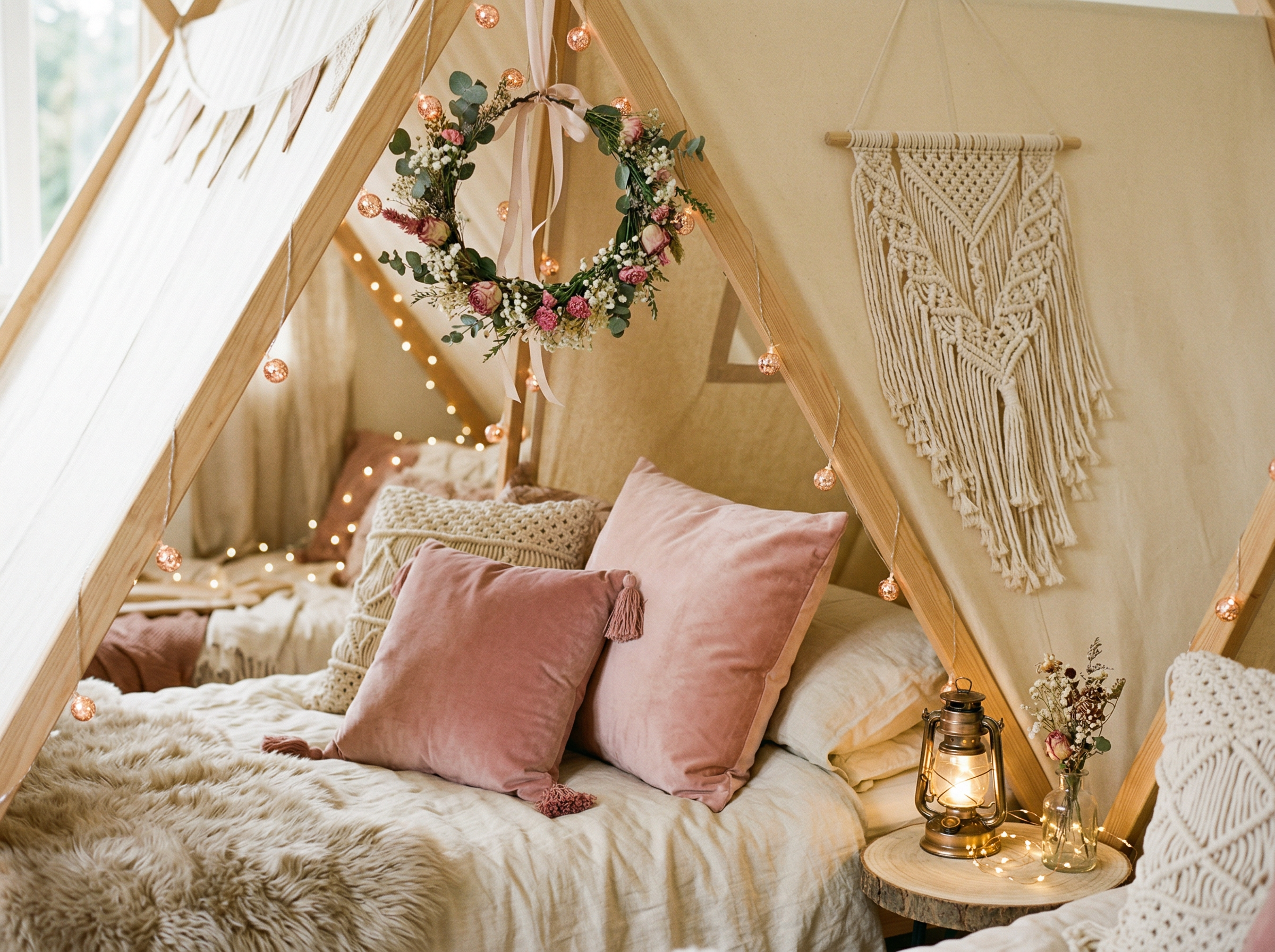 Interior de carpita tipi con almohadas rosas de terciopelo y farol decorativo