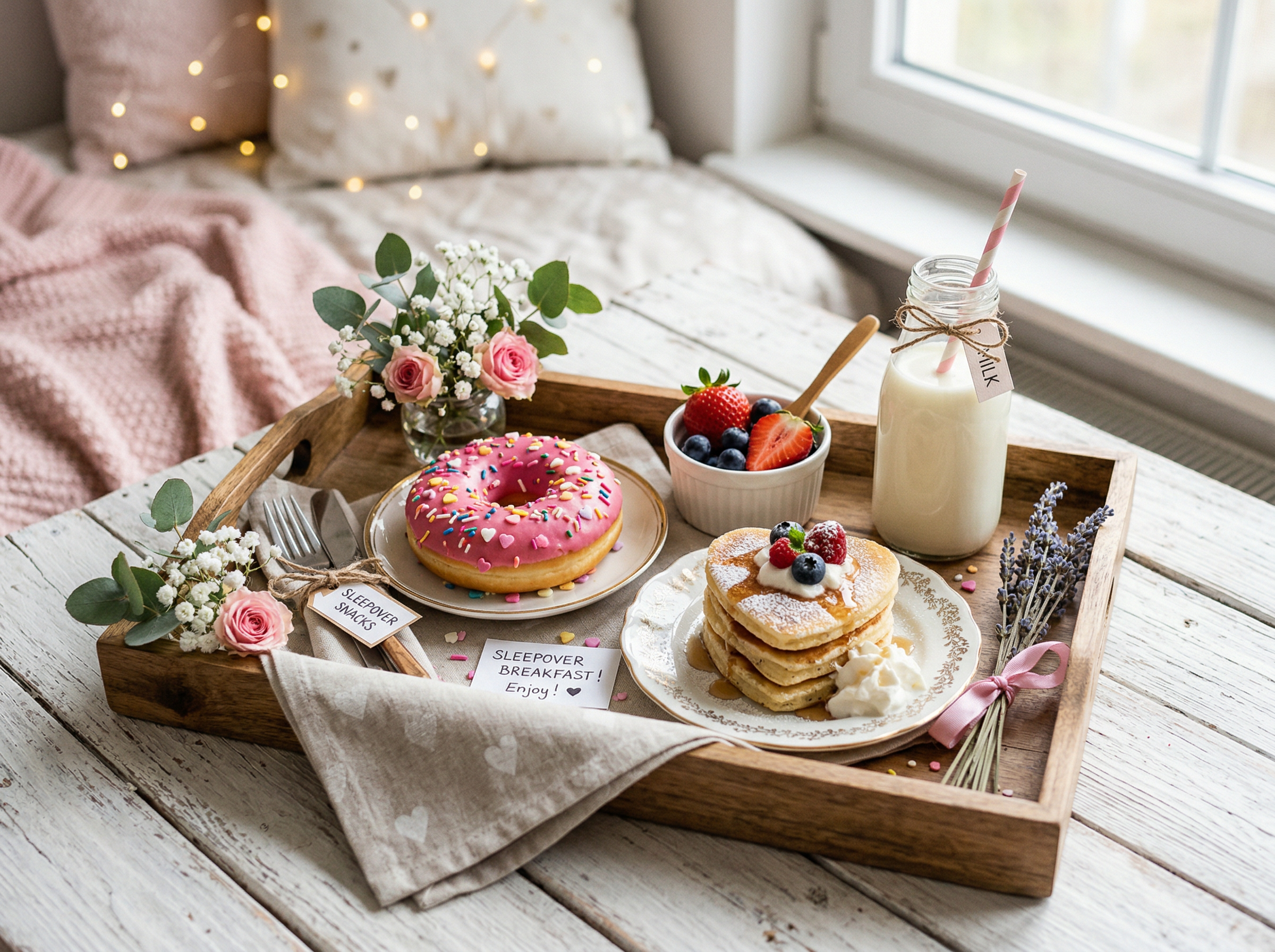 Bandeja de desayuno artesanal con dona rosa, pancakes y frutas frescas