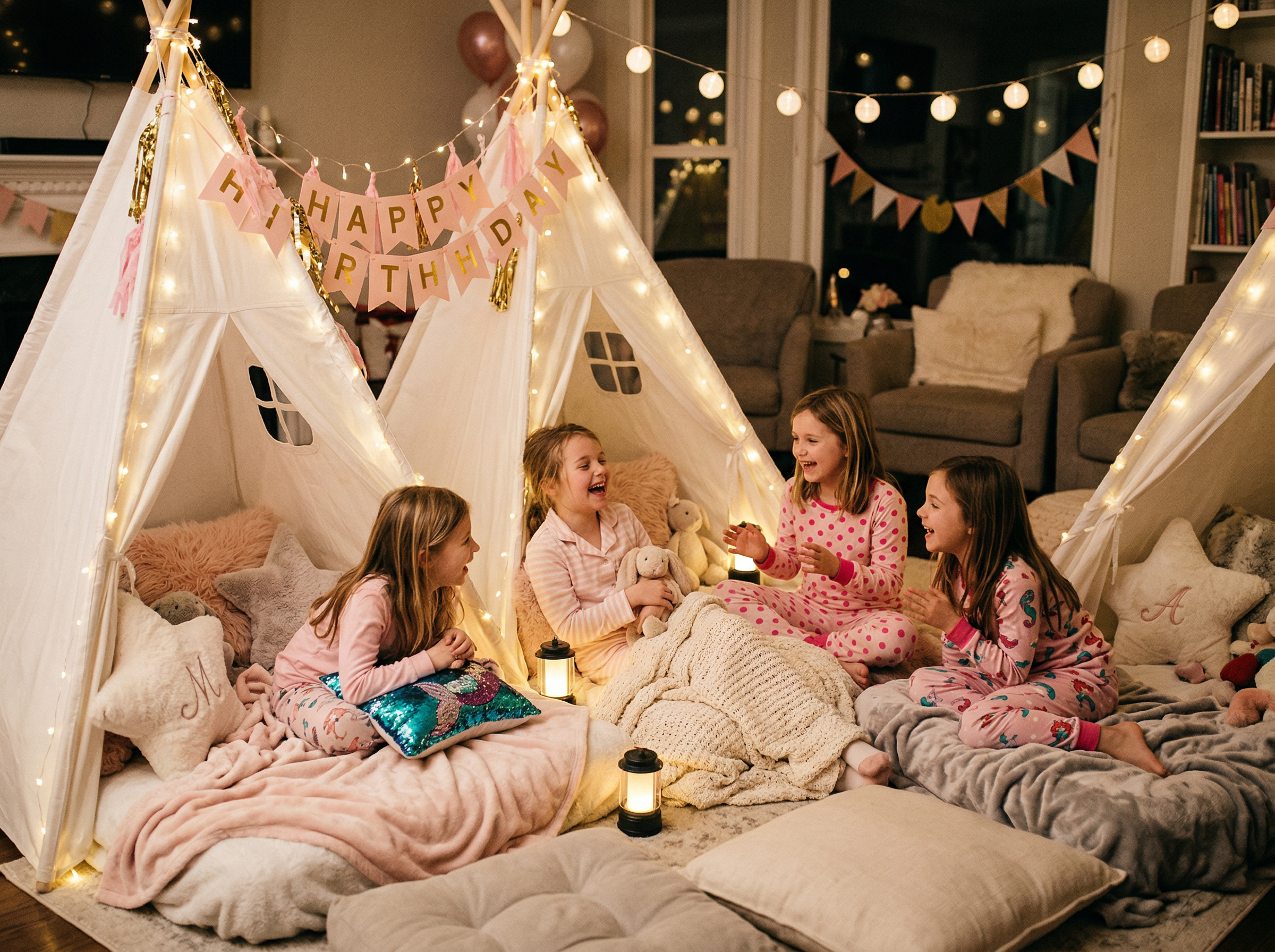 Cuatro nenas riendo y jugando dentro de carpitas tipi con guirnaldas